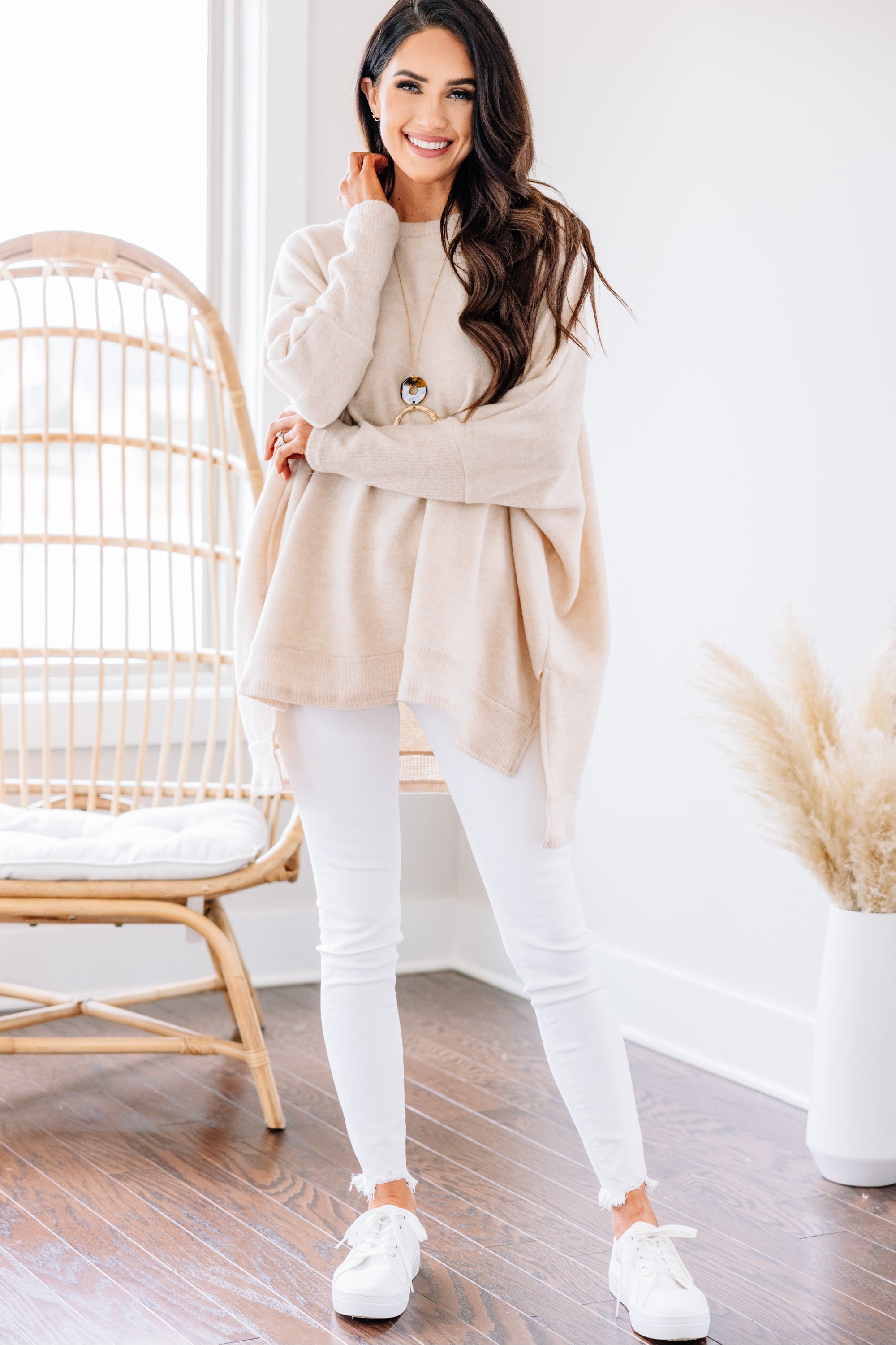 Like I Said Oatmeal Brown Brushed Knit Poncho Top
