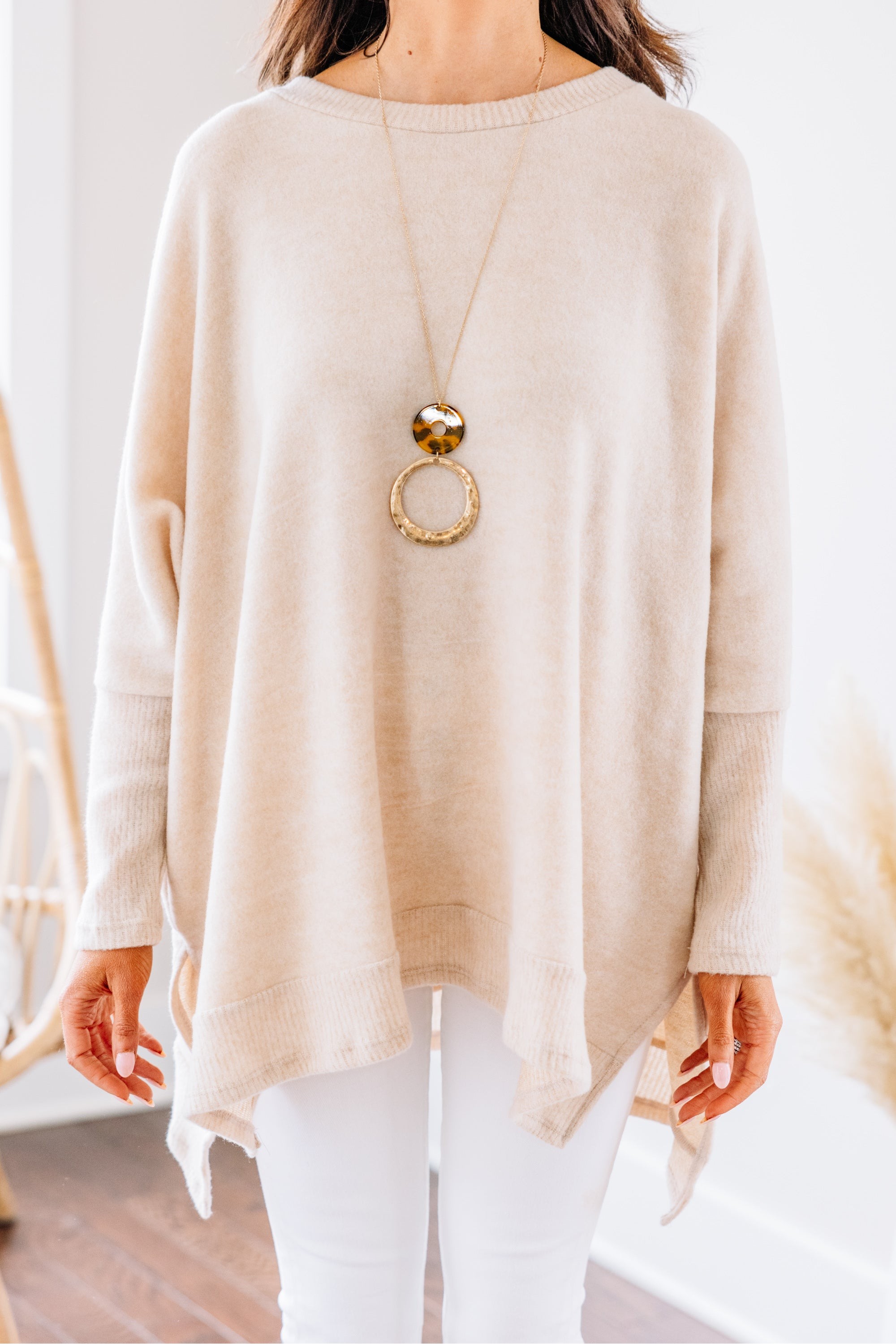 Like I Said Oatmeal Brown Brushed Knit Poncho Top