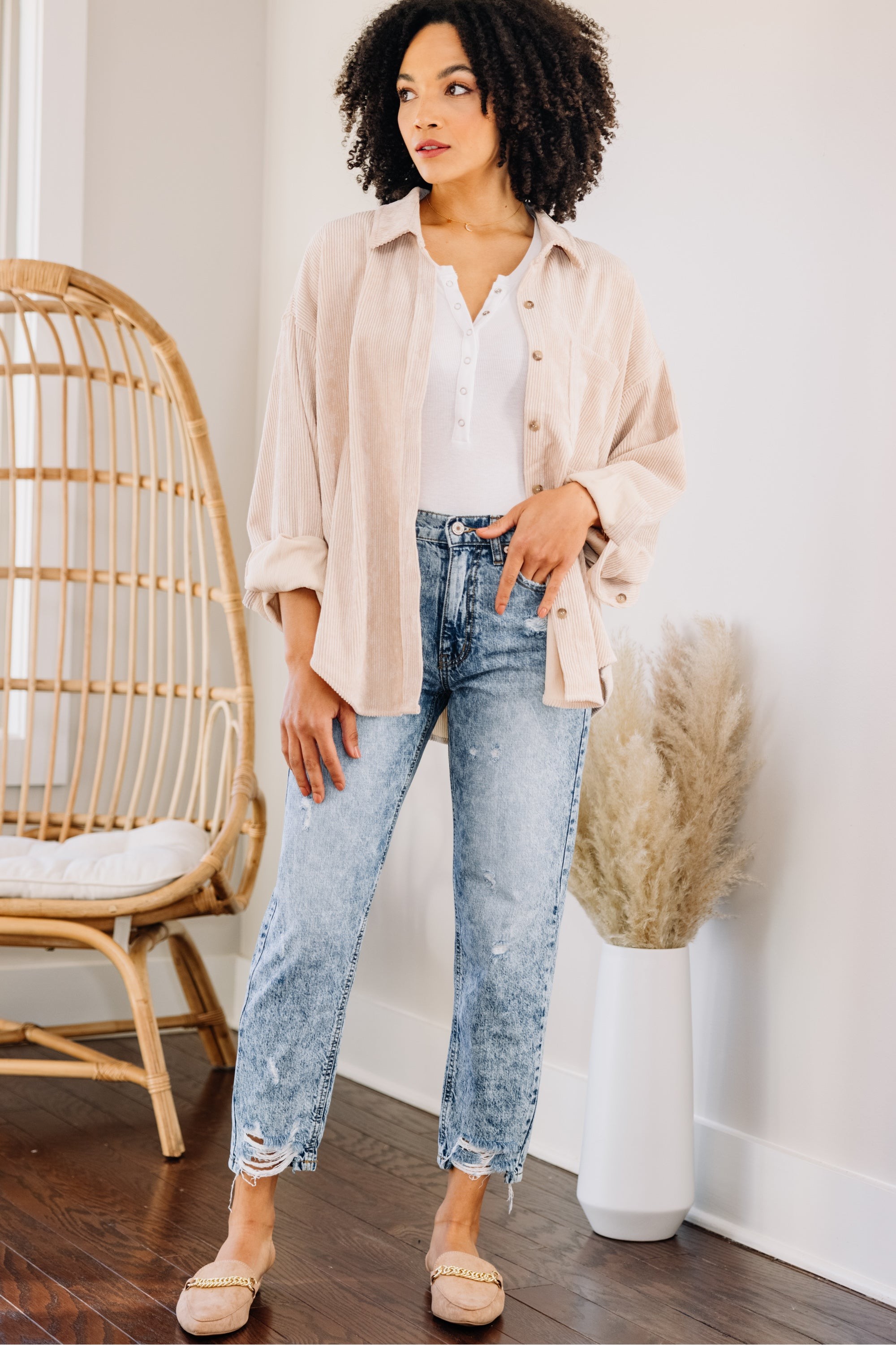 Look This Way Sand White Corduroy Shacket