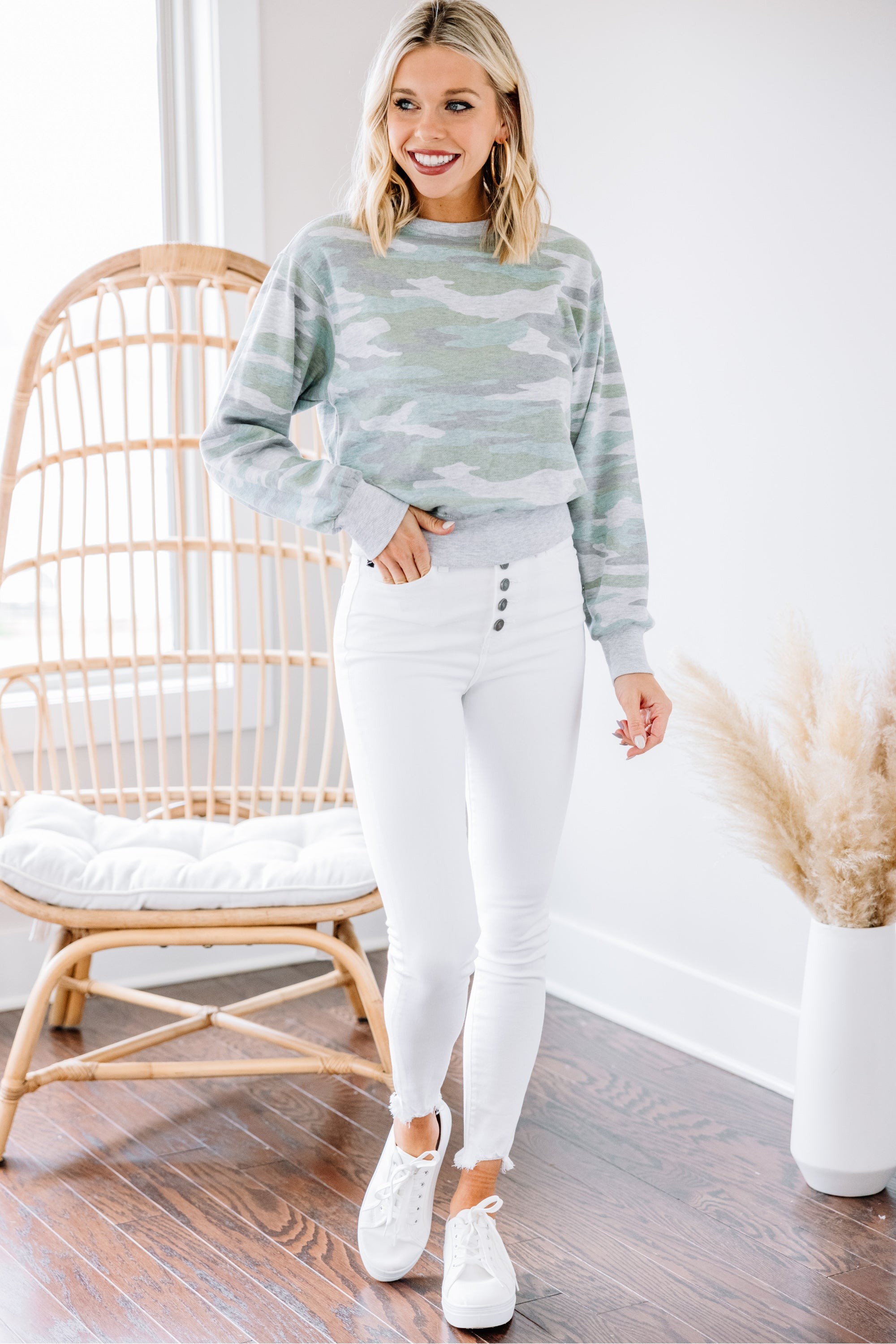 Make Yourself Happy Light Olive Green Camo Pullover